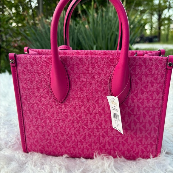 Michael Kors Mirella Small Leather Mk Logo Broad Shoulder Strap Dragon Fruit - Picture 5 of 11